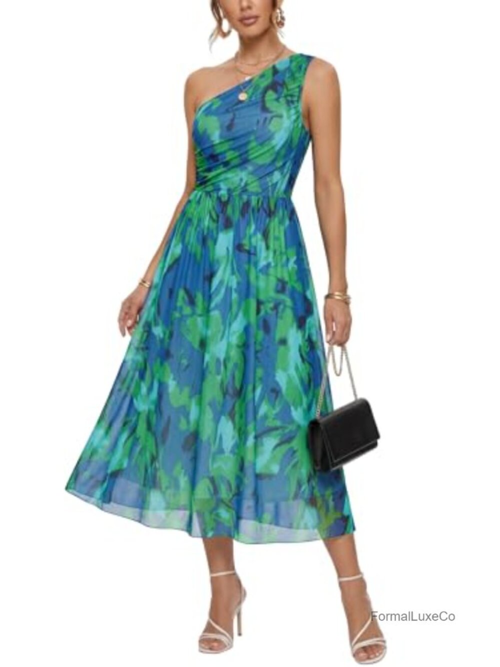 One Shoulder Midi Floral Dress Sleeveless Asymmetric Ruched Mesh Knit Formal